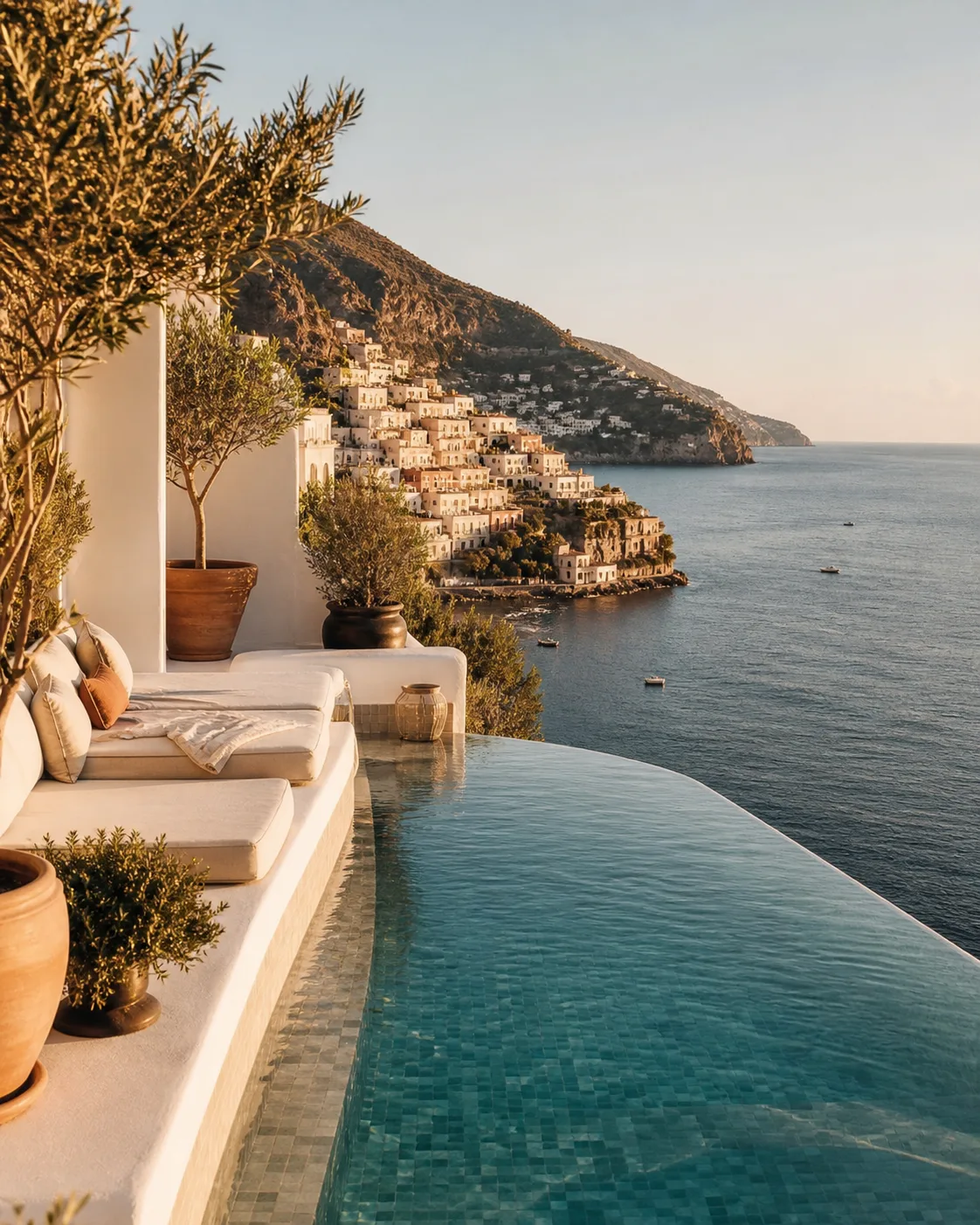 A clifftop coastal retreat overlooking a blue bay at golden hour